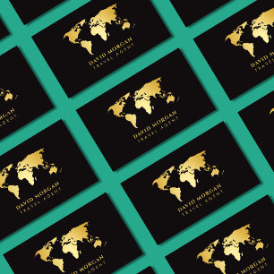Travel Agent World Map Black and Gold Visitenkarte