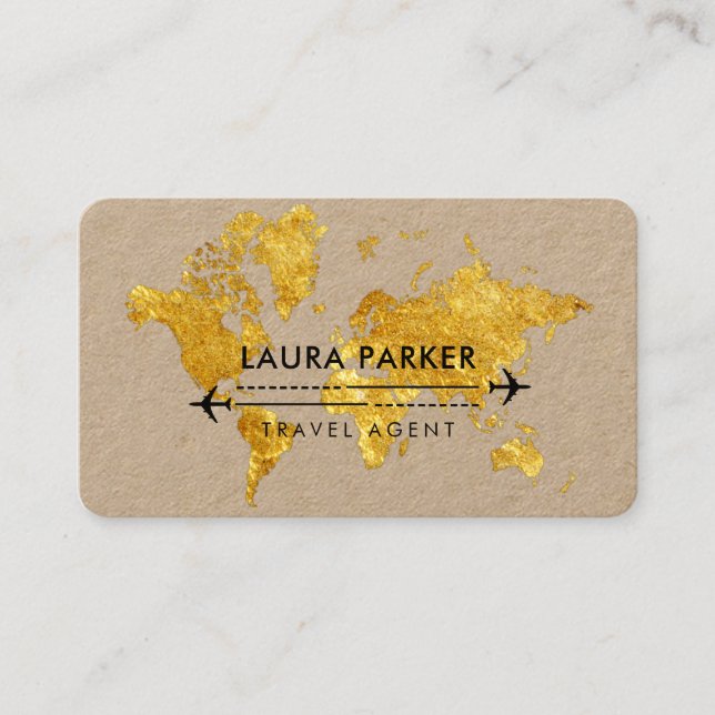 Travel Agent World Map Vacation Gold Glitzer Busin Visitenkarte (Vorderseite)