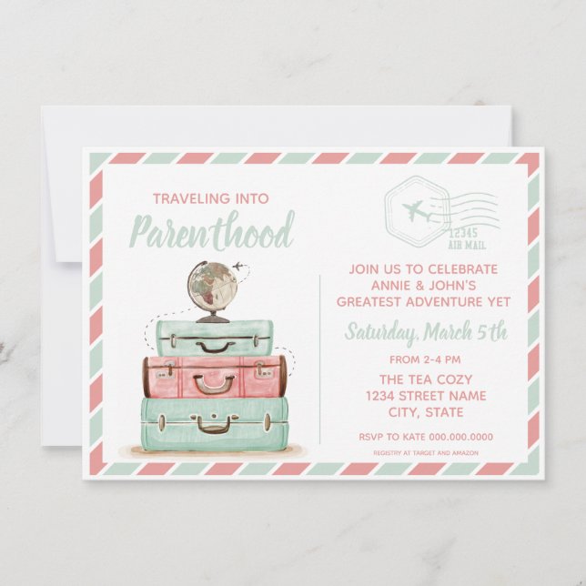 Travel Baby Dusche Parenthood Korallenminze Einladung (Vorderseite)