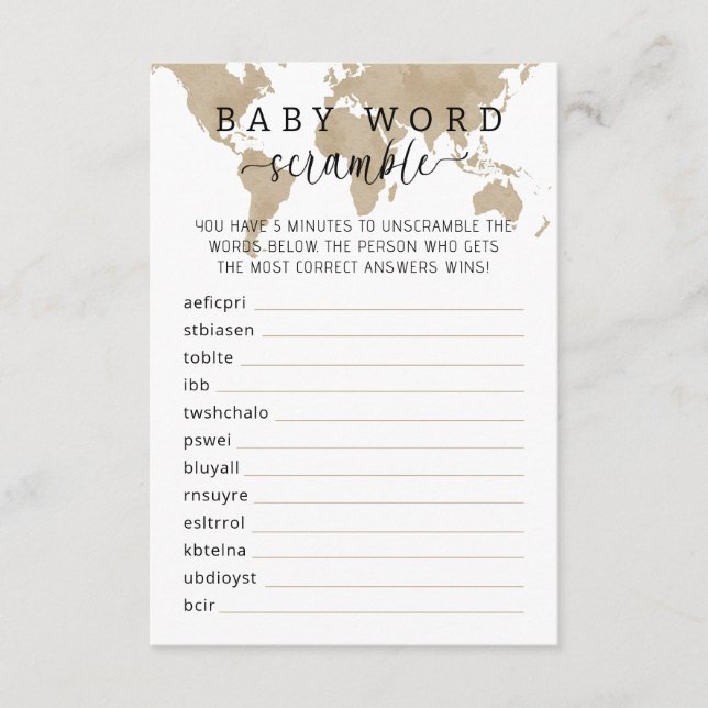 Travel Baby Shower Word Scramble Game Begleitkarte (Vorderseite)