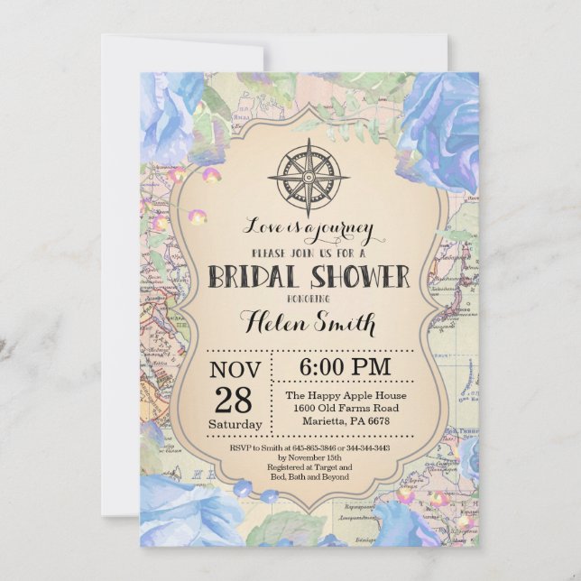 Travel Blue Floral Bridal Dusche Einladung (Vorderseite)