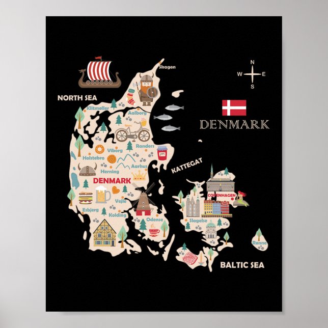 Travel Europe Dänemark Karte Kopenhagen Dänische F Poster (Vorne)