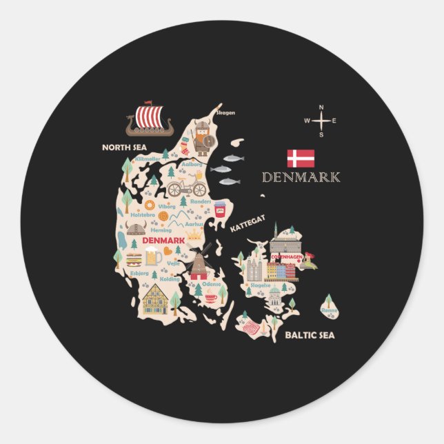 Travel Europe Dänemark Karte Kopenhagen Dänische F Runder Aufkleber (Vorderseite)