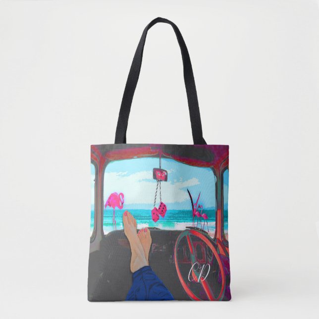 Travel Monogram Beach Scene Flamingos Tasche (Vorderseite)