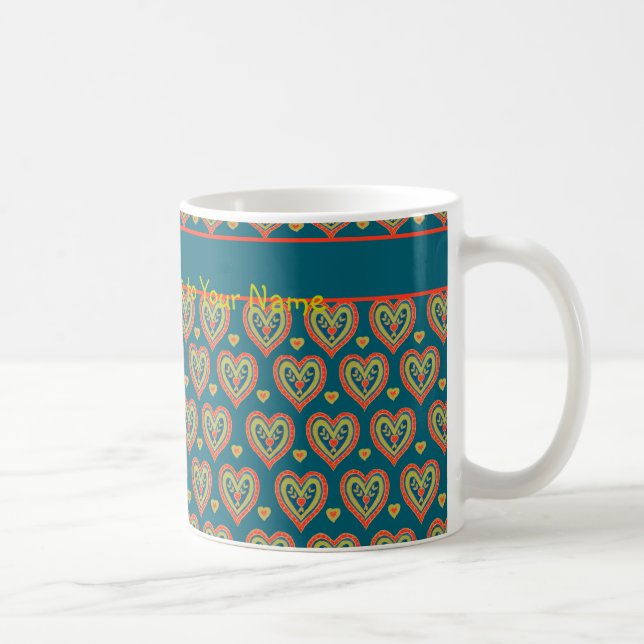 Travel Mug, Rote und Grüne Herzen auf Aquamarin Kaffeetasse (Rechts)