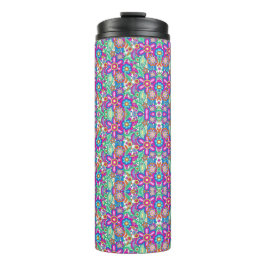 Travel mug with vibrant, kaleidoscopic pattern. thermosbecher