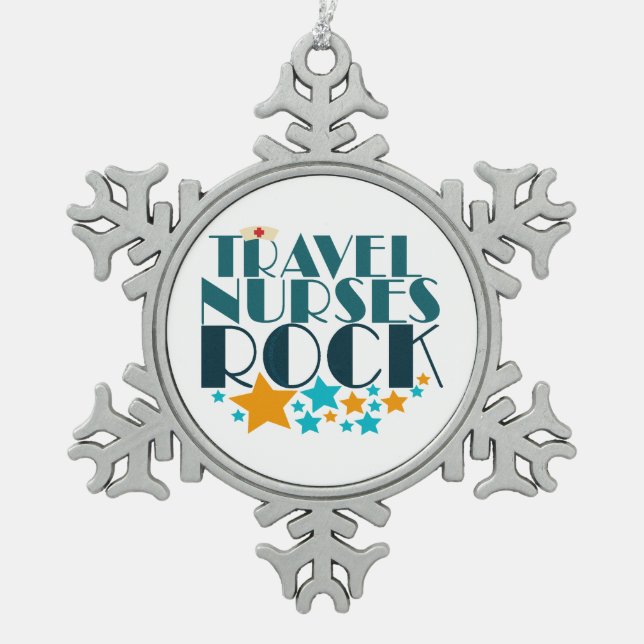 Travel Nurses Rock Schneeflocken Zinn-Ornament (Vorderseite)