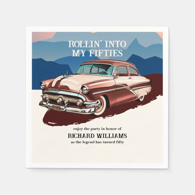 Travel Retro Classic Car Theme 50th Birthday Serviette (Vorderseite)