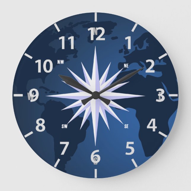 Travel World Map Compass Rose Große Wanduhr (Vorderseite)