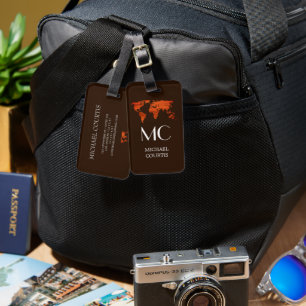 Traveler Wood World Map schwarzer Mit Monogramm Na Gepäckanhänger