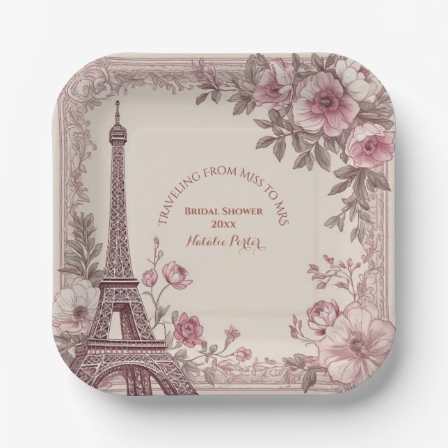 Traveling from Miss to Mrs Bridal Shower Paris  Pappteller (Vorderseite)
