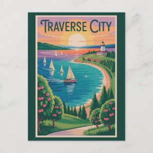 Traverse City Lake Michigan Illustration Reise Postkarte