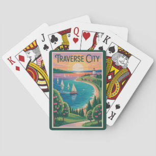 Traverse City Lake Michigan Illustration Reise Spielkarten
