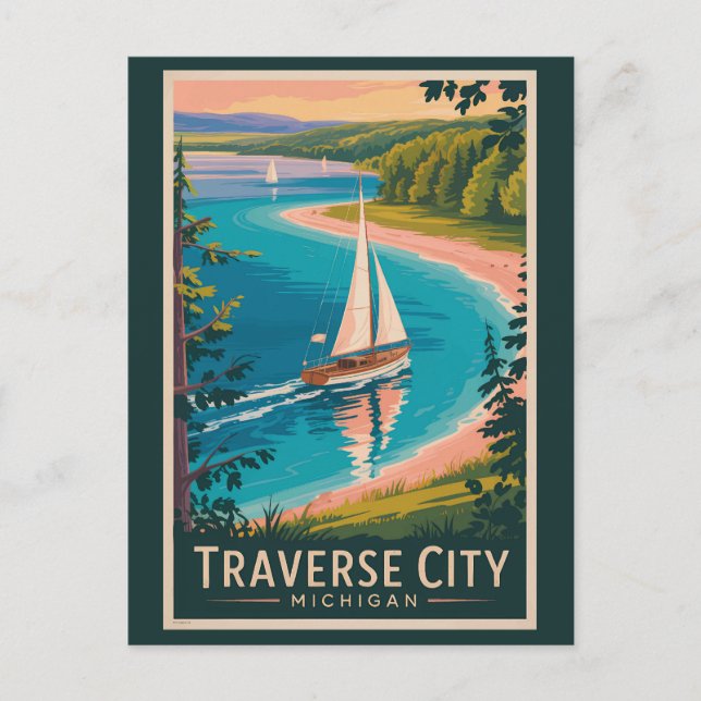 Traverse City Michigan Illustration Kunst und Kult Postkarte (Vorderseite)