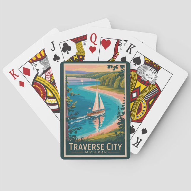 Traverse City Michigan Illustration Kunst und Kult Spielkarten (Rückseite)