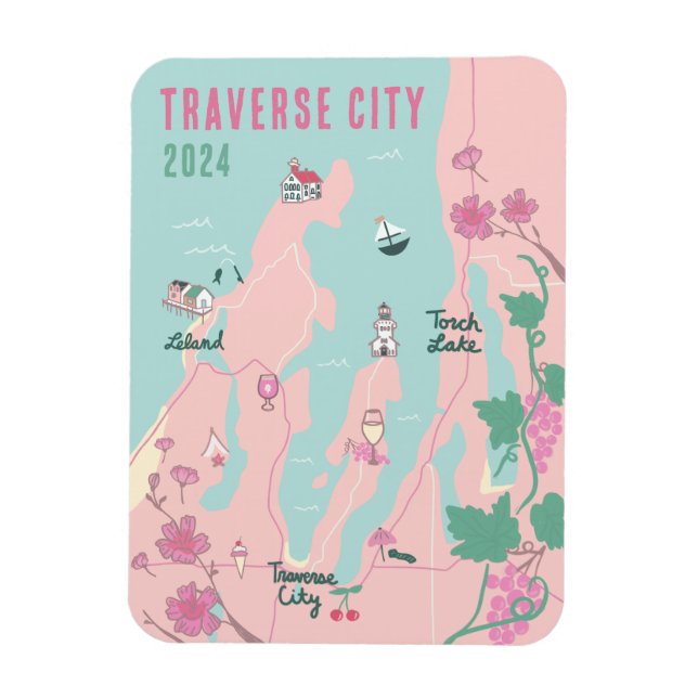 Traverse City Michigan Wine and Cherry Map Magnet (Vertikal)