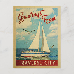 Traverse City Postcard Sailboat Vintag Michigan Postkarte