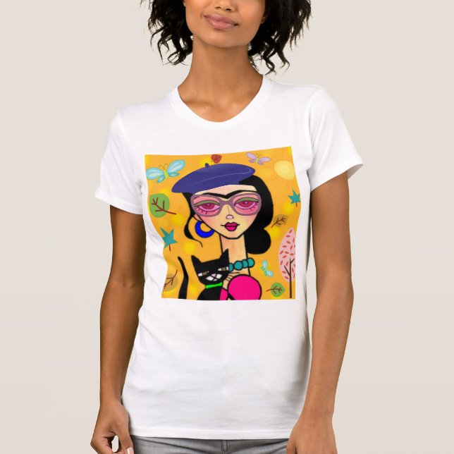 Tre schickes Mädchen mit Katze T-Shirt (Vorderseite)
