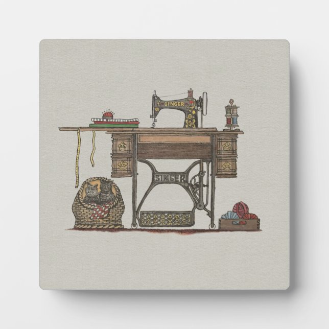Treadle Nähmaschine & Kätzchen Fotoplatte (Vorderseite)