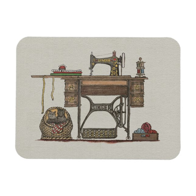 Treadle Nähmaschine & Kätzchen Magnet (Horizontal)