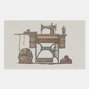 Treadle Nähmaschine & Kätzchen Rechteckiger Aufkleber