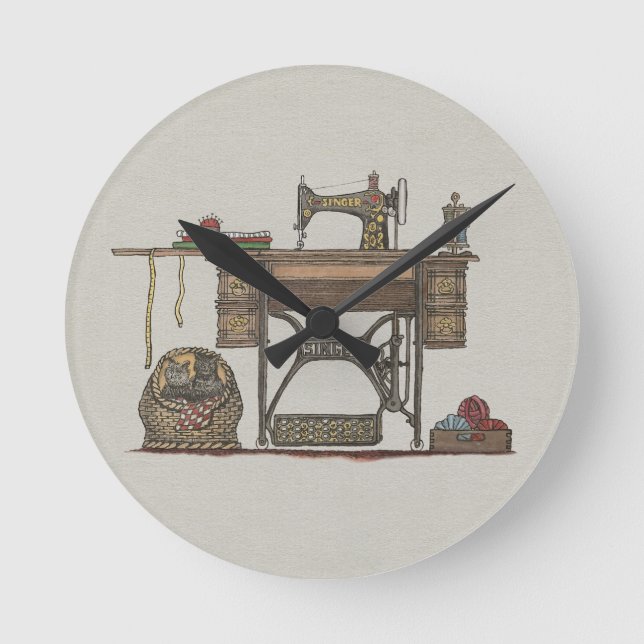 Treadle Nähmaschine & Kätzchen Runde Wanduhr (Vorderseite)