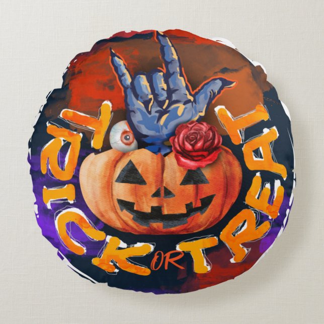 Treak oder Leckerei Beängstigend Halloween Pumpkin Rundes Kissen (Vorderseite)
