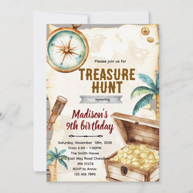 Treasure hunt birthday party theme invitation einladung (Vorderseite)