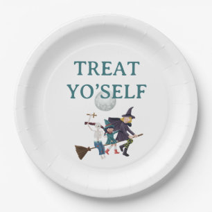 Treat Yo’Self Halloween-Party. Süße fliegende Hexe Pappteller