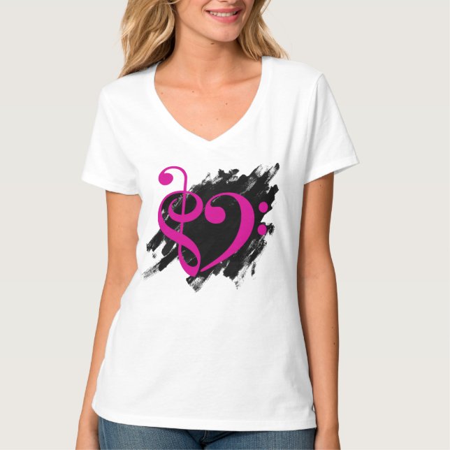 Treble and Bass Clef Musical Heart Fuchsia T-Shirt (Vorderseite)
