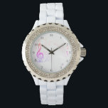 *~* Treble Clef Farbenfrohe Moderne Musiknote Armbanduhr<br><div class="desc">* Farbenfrohe Creative Modern Classic Music Staff Elements with Treble G-Clef and Notes on a Women's Wrist Watch * Es gibt eine Textzeile, die Sie ändern, behalten oder löschen können. Es kann für den Namen, das Monogramm oder die Initialen der Frau verwendet werden. Die Uhrenband ist ein hochwertiges weißes Emaille....</div>