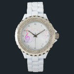 *~* Treble Clef Farbenfrohe Moderne Musiknote Armbanduhr<br><div class="desc">* Farbenfrohe Creative Modern Classic Music Staff Elements with Treble G-Clef and Notes on a Women's Wrist Watch * Es gibt eine Textzeile, die Sie ändern, behalten oder löschen können. Es kann für den Namen, das Monogramm oder die Initialen der Frau verwendet werden. Die Uhrenband ist ein hochwertiges weißes Emaille....</div>