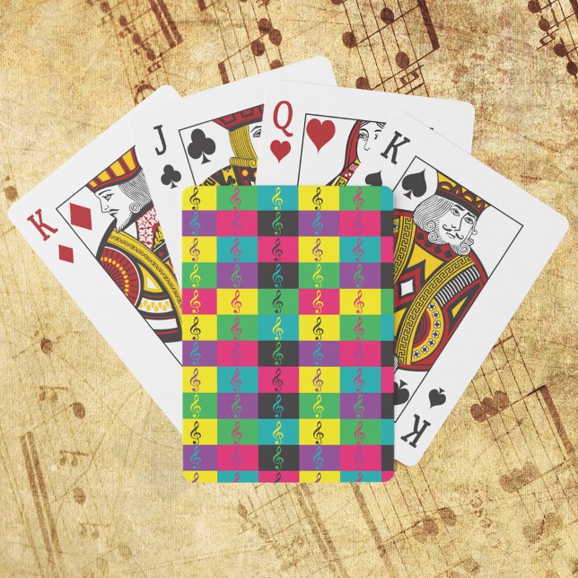 Treble Clef Music Bright Color Pattern Spielkarten (A deck of playing cards featuring a treble clef pattern in yellow, black, pink, green and blue.)