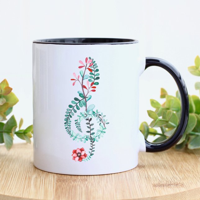 Treble Clef Music Gift Musician Teacher Band Tasse (Treble clef mug with a floral watercolor design.)