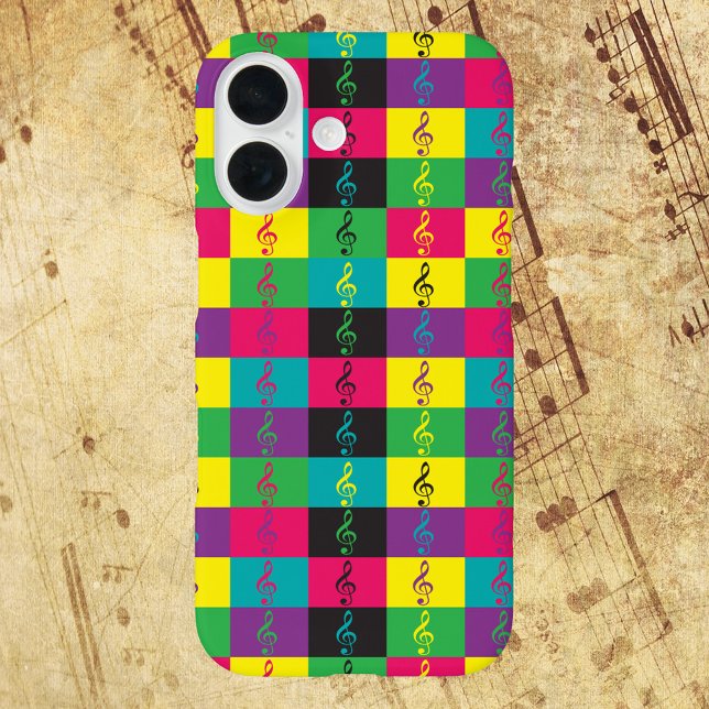 Treble Clef Music Pattern Bright iPhone 16 Hülle (A phone case with a pattern of treble clef music symbols done in bright colors)