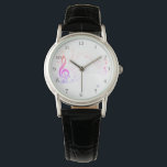 *~* Treble Clef Musiknote farbenfrohe Leder Armbanduhr<br><div class="desc">* Farbenfrohe Creative Modern Classic Music Staff Elements with Treble G-Clef and Notes on a Women's Black Leather Band Watch * Es gibt eine Textzeile, die Sie ändern, behalten oder löschen können. Es kann für den Namen, das Monogramm oder die Initialen des Benutzers verwendet werden. Die Uhrenband besteht aus einem...</div>