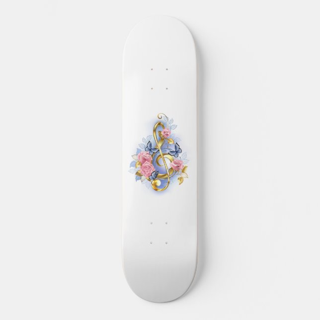 Treble clef with Pink Roses Skateboard (Vorderseite)