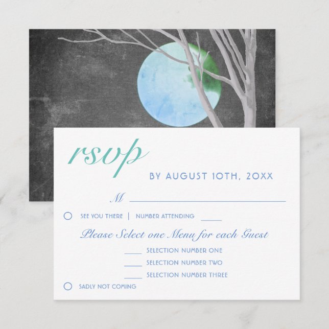 Tree Blue Moon Night Chalkboard Menü RSVP Card (Vorne/Hinten)