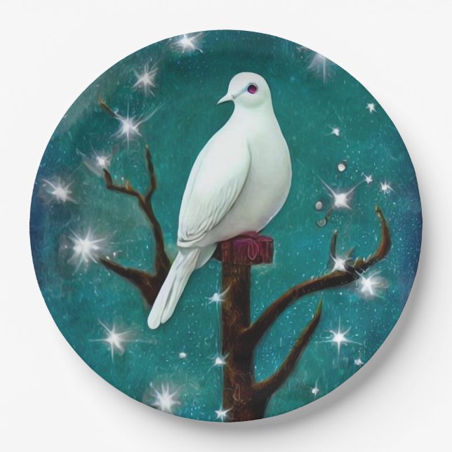 Tree Branch White Peace Dove Pappteller (Vorderseite)