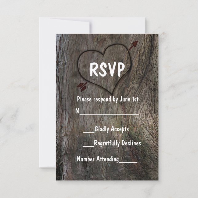 Tree + Carved Heart Rustic Wedding RSVP Card Karte (Vorderseite)