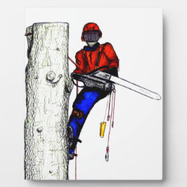 Tree Chirurg Arborist am Werk zur Zeit Chainsaw Fotoplatte