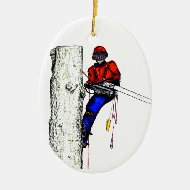 Tree Chirurg Arborist am Werk zur Zeit Chainsaw Keramikornament (Vorne)