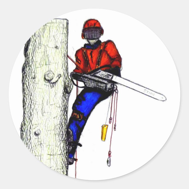 Tree Chirurg Arborist am Werk zur Zeit Chainsaw Runder Aufkleber (Vorderseite)