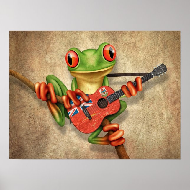 Tree Frog Playing Bermuda Flag Gitarre Poster (Vorne)