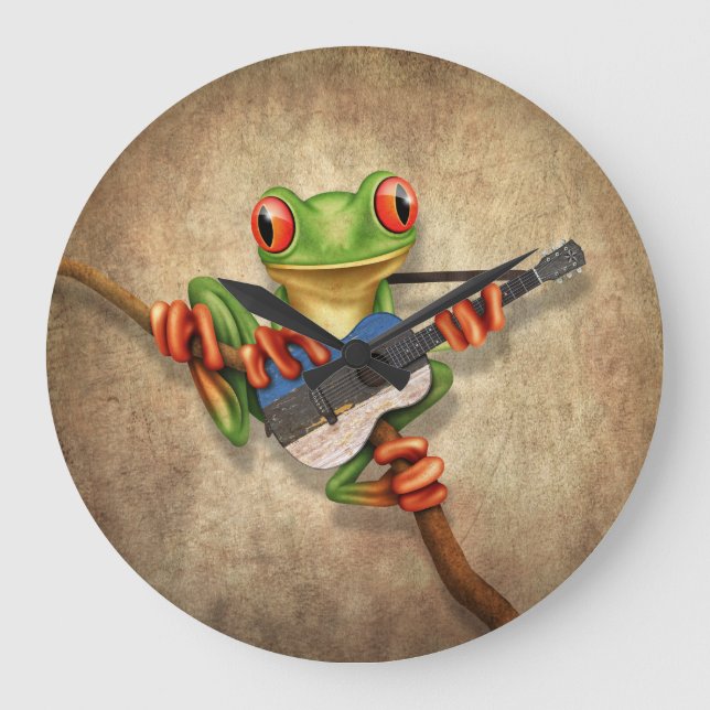 Tree Frog Playing Estonian Flag Guitar Große Wanduhr (Vorderseite)