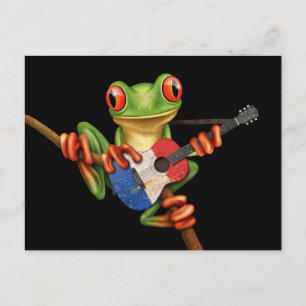 Tree Frog Playing Französisch Flag Gitarre Schwarz Postkarte