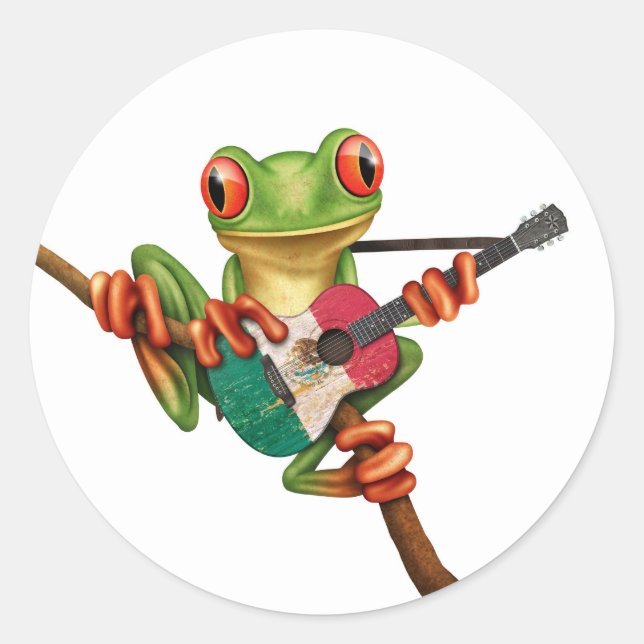 Tree Frog Playing Mexican Flag Guitar White Runder Aufkleber (Vorderseite)