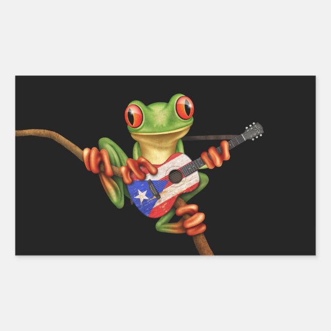 Tree Frog Playing Puerto Rico Flag Gitarre Schwarz Rechteckiger Aufkleber (Vorderseite)