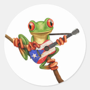 Tree Frog Playing Puerto Rico Flag Gitarre Weiß Runder Aufkleber