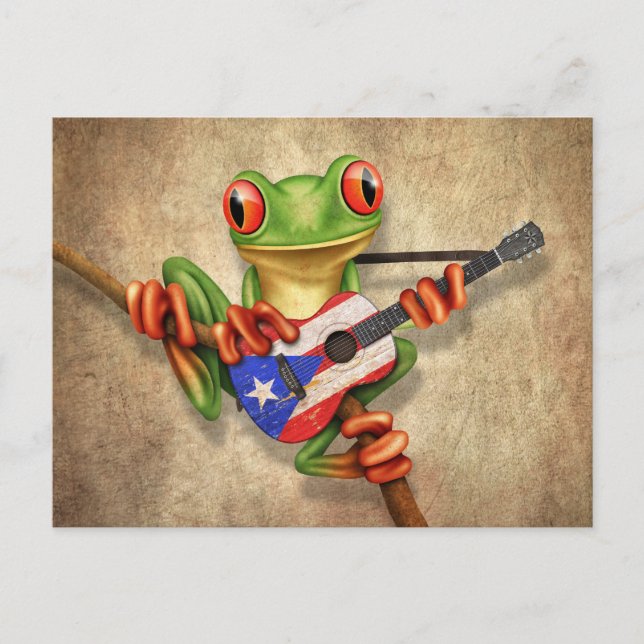 Tree Frog Playing Puerto Rico Flag Guitar Postkarte (Vorderseite)